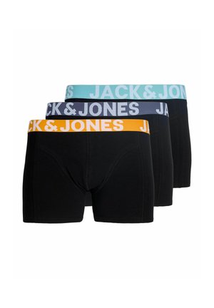 Tres pares de bóxers negros para hombre con cinturillas elásticas anchas en naranja, gris oscuro y verde azulado claro, cada uno con la marca "JACK & JONES."