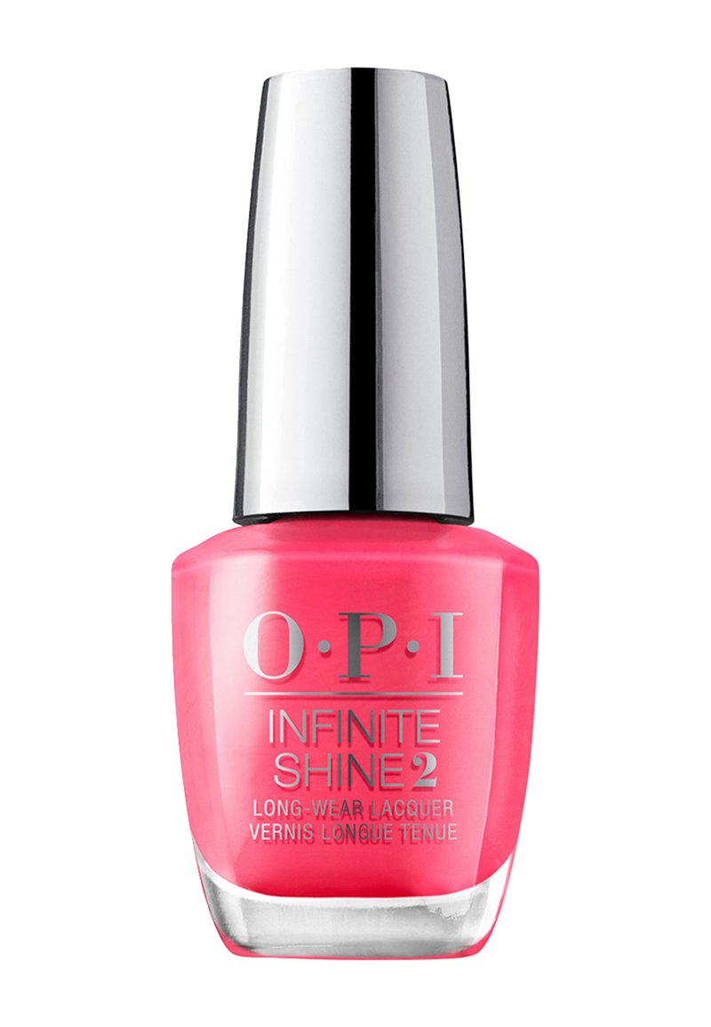 Bottiglia di smalto O.P.I Infinite Shine 2, colore rosa con finitura lucida, forma quadrata, tappo metallico argento e branding stampato sulla parte anteriore.