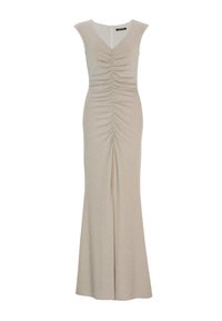 Pitkä, slim fit -mekko vaaleassa beessissä, jossa on kiiltävä pinta. Mekossa on syvä V-olla, hihattomat hihat ja rypytysdetailit bodice-osassa.