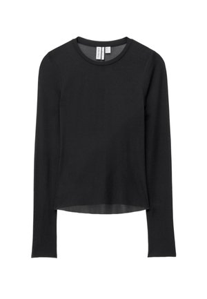 Schwarzes langärmliges Oberteil aus glattem Stoff, mit Rundhalsausschnitt und leicht verkürztem Saum. Keine sichtbaren Muster oder Verzierungen.