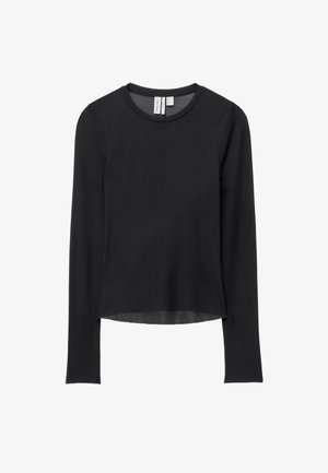 Black long-sleeve top made of smooth fabric, featuring a crew neckline and a slightly cropped hem. No visible patterns or hardware.