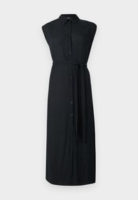 Abito nero senza maniche realizzato in un tessuto leggero. Presenta una chiusura con bottoni frontale, colletto e una cintura coordinata annodata in vita. Lunghezza lunga, texture liscia.
