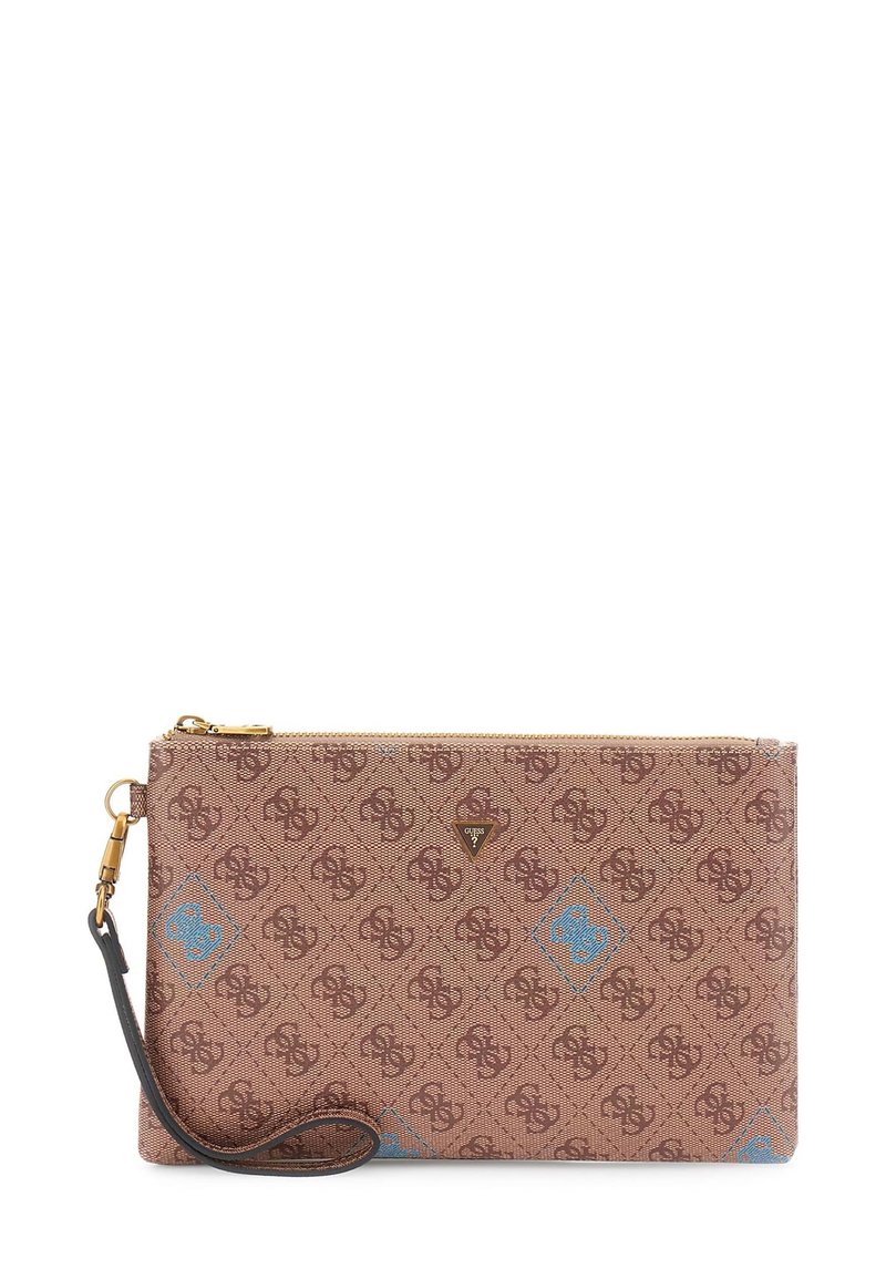 Rudos raštuotos rankinės rankenėlė su auksine užtrauktuku, mėlynomis detalėmis ir nuimamu juodu dirželiu, su mažu trikampiu Guess logotipu.