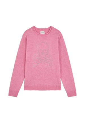Sudadera rosa de tela suave, con un diseño de calavera y huesos cruzados en pedrería en la parte frontal, y puños y dobladillo acanalados.