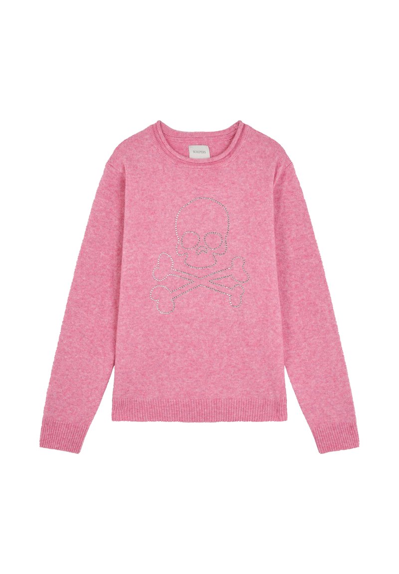 Pink sweatshirt made of soft fabric, featuring a rhinestone skull and crossbones design on the front, with ribbed cuffs and hem.