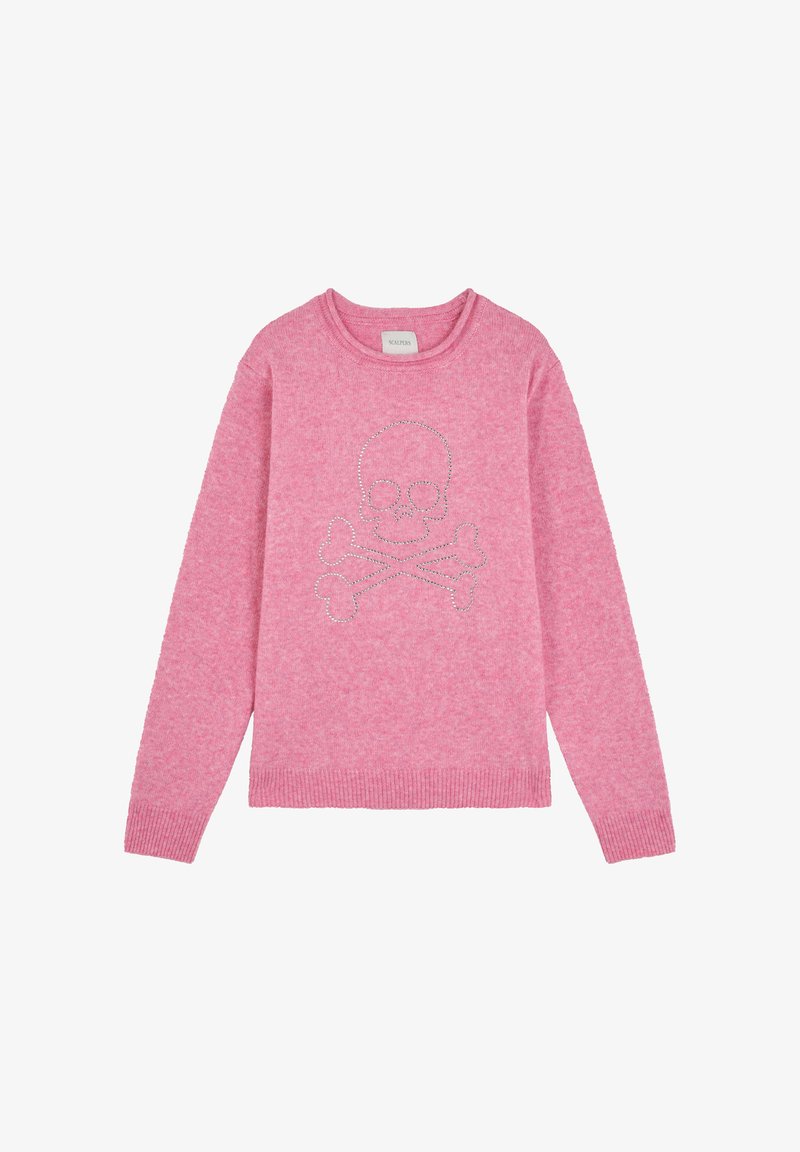 Rosa Sweatshirt aus weichem Material, mit einem Design aus Strass-Schädel und gekreuzten Knochen auf der Vorderseite sowie gerippten Bündchen und Saum.