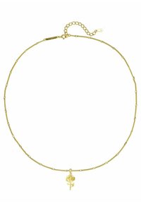 Collana in oro con una catena sottile, caratterizzata da un pendente a forma di rosa. Il design include piccole perline decorative lungo la catena.