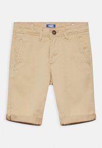 Shorts di cotone beige con orli arrotolati, tasche frontali e chiusura con bottone marrone. Presenta un'etichetta blu sulla cintura.