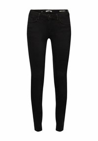 Jeans skinny de mezclilla negra con una textura suave, cinco bolsillos, cremallera y cierre de botón. Presenta costuras clásicas y trabillas para cinturón.