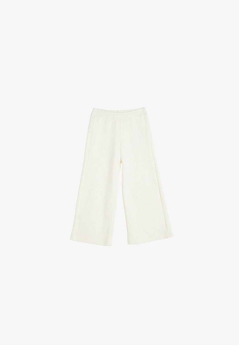 Pantalones de pierna ancha en textura acanalada, hechos de una suave tela color crema. Presentan una cinturilla elástica para mayor comodidad y una forma suelta y fluida.