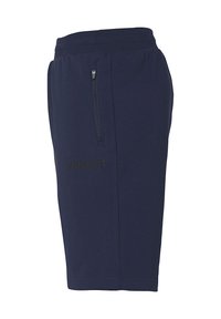 Marineblauwe sportshorts van zacht materiaal, met een ritszak aan de zijkant en een logo op de voorkant. Tot halverwege de dij met een elastische tailleband.