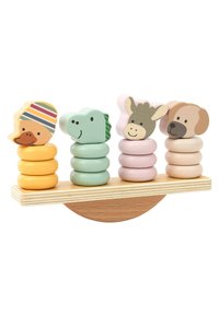 Wooden stacking toy featuring four animal-shaped tops in pastel colors: a duck, dinosaur, donkey, and dog, with circular bases in coordinating shades.