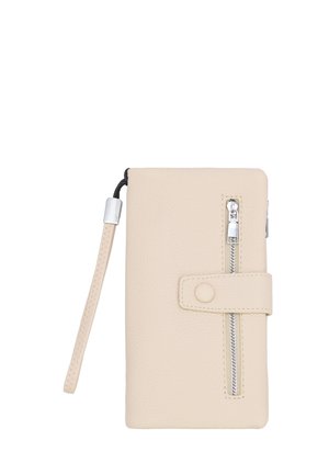 Portafoglio in pelle beige con tasca frontale con cerniera, chiusura a scatto e cinturino da polso abbinato.