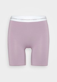 Lilla cykelshorts med en blød tekstur, der har en hvid mærkevare-elastik i livet. Knælængde design med en glat finish.