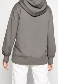 Szary hoodie z dużym kapturem, długimi rękawami i ściągaczem na dole. Wykonany z miękkiego materiału i posiada elastyczne mankiety. Minimalne detale szwów z tyłu.