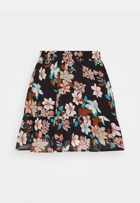 Gonna nera floreale con orlo arricciato, caratterizzata da fiori rosa, blu e marroni. Il tessuto è leggero con una vita elastica.