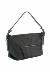 Sac à main en cuir noir avec une bandoulière réglable et une poche zippée à l'avant sur fond blanc.