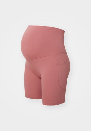 Zwangerschapsbroekjes in een stofkleur van rozenstof, gemaakt van rekbaar materiaal. Heeft een hoge tailleband voor ondersteuning en een zijzak voor gemak.
