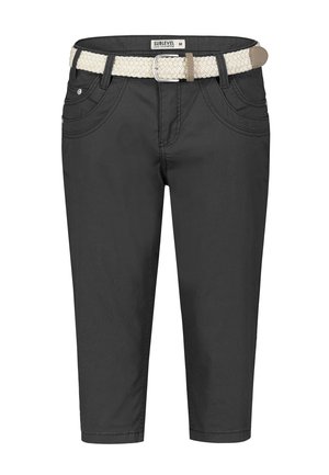 Zwarte cropped broek met voorkantzakken, lussen voor een riem, en een geweven witte riem met een zilveren gesp, maat medium.