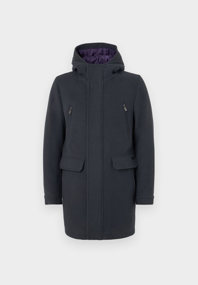Cappotto grigio scuro con cappuccio realizzato in tessuto morbido, dotato di due tasche sul petto con zip e due tasche frontali con patta, aventi un interno foderato in viola.