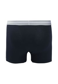 Black boxer shorts with a smooth texture and a light gray elastic waistband featuring a thin white stripe. Cut to fit snugly.