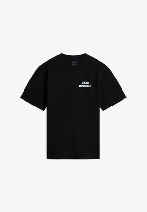 Sort bomulds t-shirt med korte ærmer, der har teksten "VANS ORIGINAL" i hvidt på venstre brystområde. Enkel design uden mønstre.