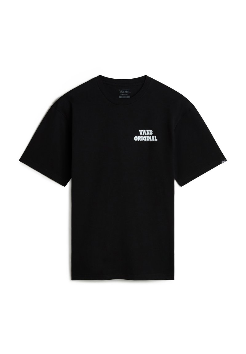Camiseta de algodón negra con mangas cortas, que presenta el texto "VANS ORIGINAL" en blanco en la parte izquierda del pecho. Diseño sencillo sin patrones.