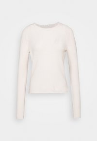 Helles rosa Langarmshirt aus weichem Stoff. Verfügt über einen runden Ausschnitt und einen verkürzten Saum mit minimalen Nähten und einer glatten Textur.