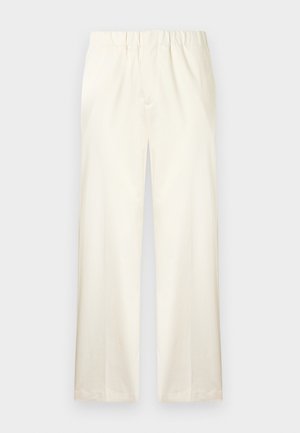 Cream wide-leg pants with an elastic waistband, made from a smooth fabric, featuring clean lines and no noticeable patterns or accents.