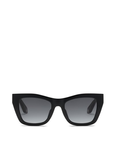 Lunettes de soleil noires oversize en forme d'œil de chat, avec des montures épaisses et des verres à dégradé sombre, présentées sur fond blanc.