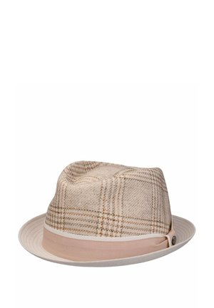 Beige plaid fedora hat with a light brown band and button detail, showing a slightly dented crown and a downward-curved brim.