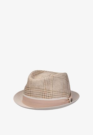 Beige plaid fedora hat with a light brown band and button detail, showing a slightly dented crown and a downward-curved brim.