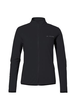 Black fitted jacket with a high collar, full front zipper, and long sleeves. Features a reflective logo and a smooth, textured fabric.