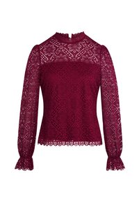 Blusa in pizzo bordeaux con maniche lunghe trasparenti, motivo floreale, collo alto con rifinitura frastagliata e dettaglio di orlo scallop.