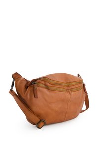 Brown leather crossbody bag with two zippered pockets, adjustable strap, rounded shape, and smooth texture.