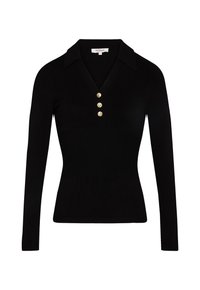 Maglione nero a maglia con maniche lunghe, scollo a V e colletto, con tre bottoni dorati sul davanti e una texture a coste.