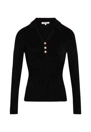 Maglione nero a maglia con maniche lunghe, scollo a V e colletto, con tre bottoni dorati sul davanti e una texture a coste.