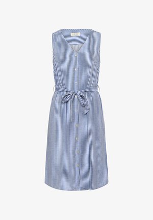 Abito senza maniche a righe blu e bianche con scollo a V, bottoni frontali e cintura legata in vita. Realizzato in tessuto leggero con un design casual.