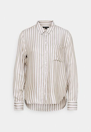 Chemise à manches longues boutonnée avec rayures verticales beige et blanches et une poche poitrine sur fond uni.