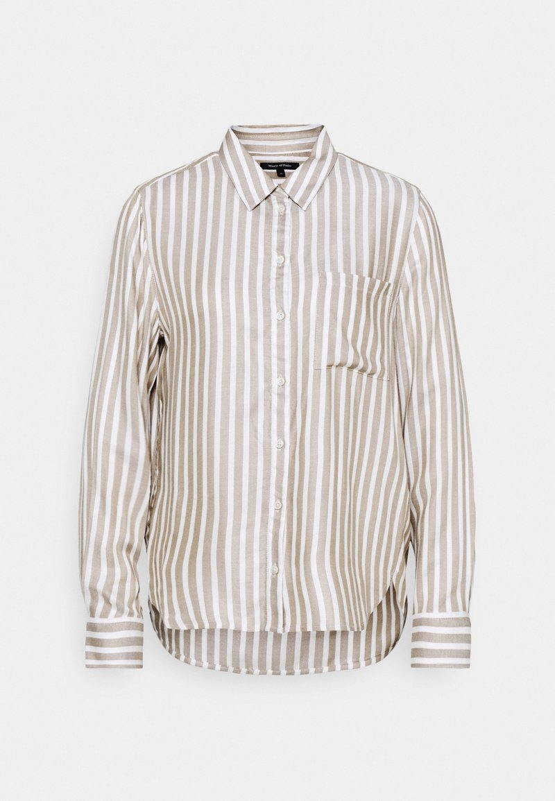 Chemise à manches longues boutonnée avec rayures verticales beige et blanches et une poche poitrine sur fond uni.