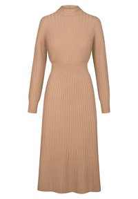 Långärmad, ribbad klänning i beige stickad tyg med hög krage och åtsittande midja, som vidgar sig nertill. Har strukturerade detaljer över hela plagget.