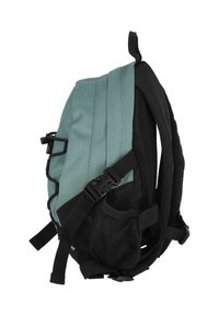 Kompakten modro-črni nahrbtnik z oblazinjenimi naramnicami, stranskim mrežnim žepom, nastavljivimi sponkami in zgornjo zanko za prenašanje, prikazan s stranskega vidika.