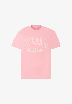 Roze katoenen T-shirt met witte verhoogde tekst "STELLA McCARTNEY." Het shirt heeft een ronde halslijn en korte mouwen, met een relaxte pasvorm.