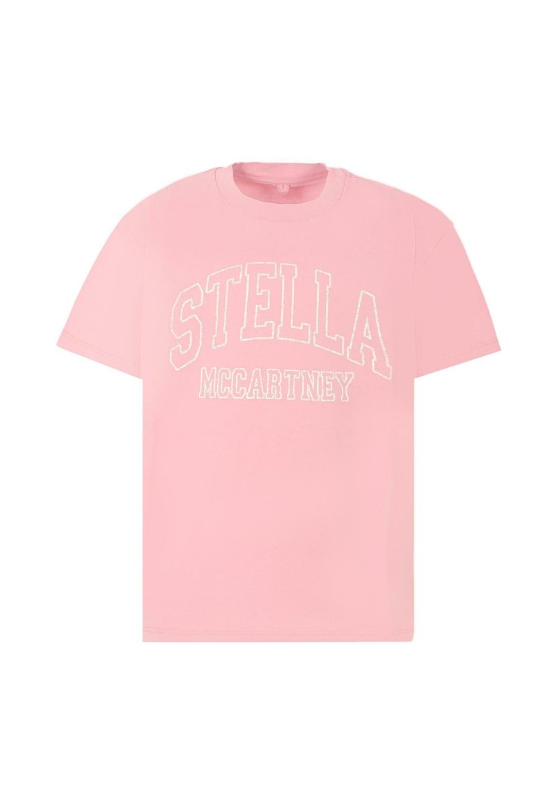 T-shirt en coton rose avec le texte en relief blanc "STELLA McCARTNEY". Le t-shirt a un col ras du cou et des manches courtes, avec une coupe décontractée.