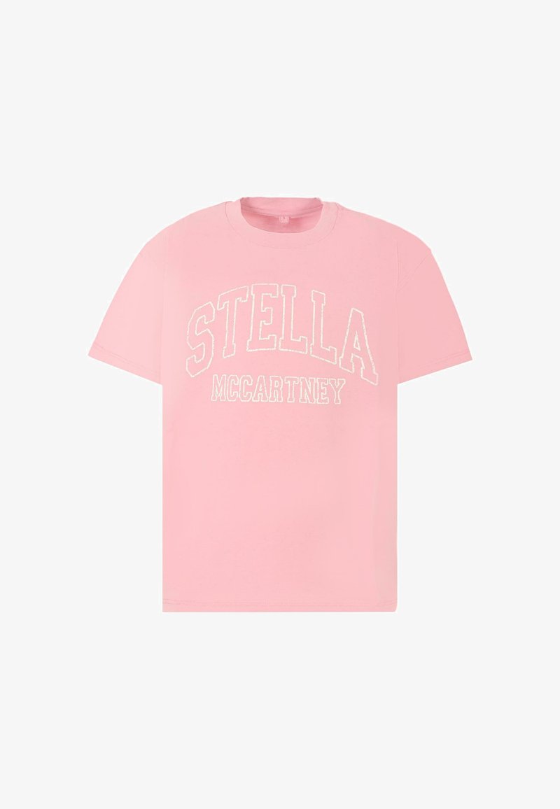 T-shirt en coton rose avec le texte en relief blanc "STELLA McCARTNEY". Le t-shirt a un col ras du cou et des manches courtes, avec une coupe décontractée.