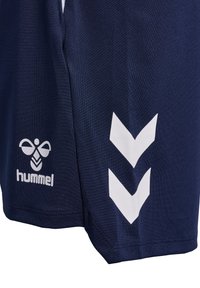 Marineblaue Sport Shorts mit weißen diagonalen Streifen und Logo. Aus strukturiertem Stoff mit elastischem Bund und genähtem Saum.