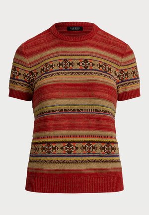 Roter Strickpullover mit kurzen Ärmeln, der horizontale Streifen in Gelb, Braun und Lila aufweist. Verziert mit komplizierten Mustern und gerippten Säumen.