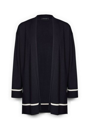 Zwarte openvallende cardigan met witte biesdetails op de manchetten en zoom, lange mouwen en een comfortabele pasvorm.