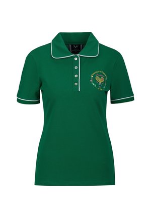 Polo vert foncé à manches courtes avec bordure blanche, quatre boutons, et logo brodé sur le thème du tennis sur la poitrine gauche.