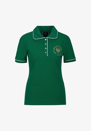 Donkergroene poloshirt met korte mouwen, witte bies, vier knopen en een geborduurd tennislogo op de linkerborst.